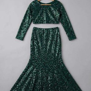 girls bottle green sequin net lehenga set