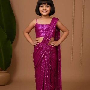 girls hot pink sequin georgette pre draped saree set