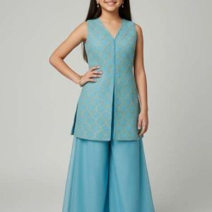 girls sky blue embroidered sharara set