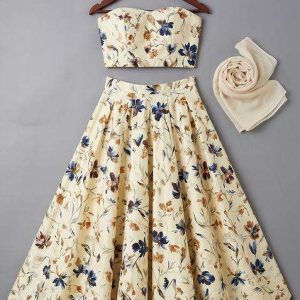 girls beige floral print crepe lehenga set