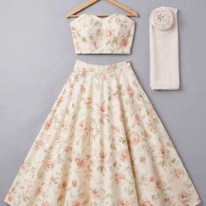 girls pastel pink floral print crepe lehenga set
