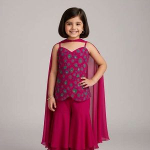 girls rani pink embroidered silk sharara set