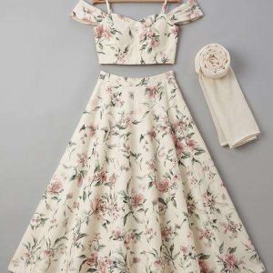 girls off white floral print crepe lehenga set
