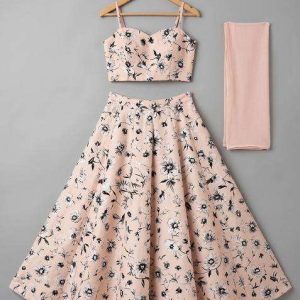 girls light pink floral print crepe lehenga set