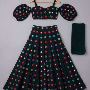 girls black abstract print satin lehenga set
