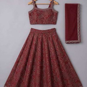 girls blood red embroidered dola silk lehenga set