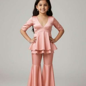 girls pink solid cotton fusion set
