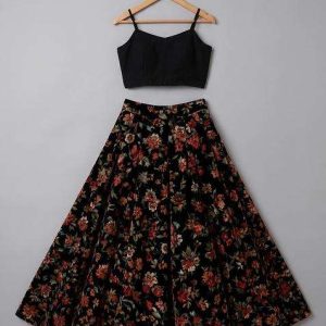girls black floral print chinon lehenga set