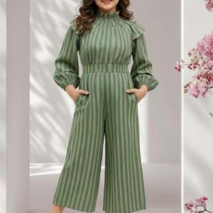 girls green striped poplin jumpsuit