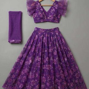 girls purple floral print chiffon lehenga set