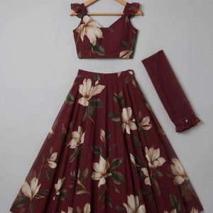girls brown floral print georgette lehenga set