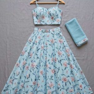 girls powder blue floral print crepe lehenga set
