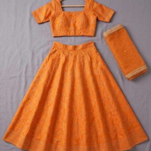girls saffron orange embroidered silk lehenga set