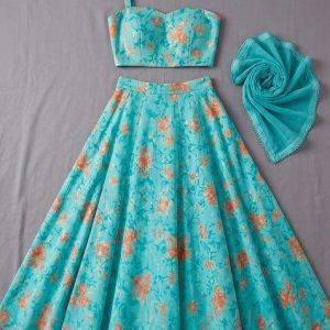 girls aqua blue floral print crepe lehenga set