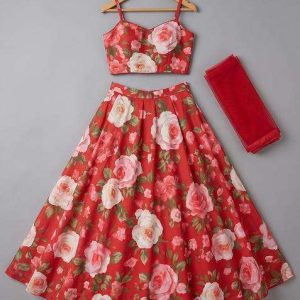 girls red floral print satin lehenga set