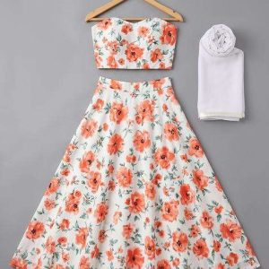 girls white floral print crepe lehenga set