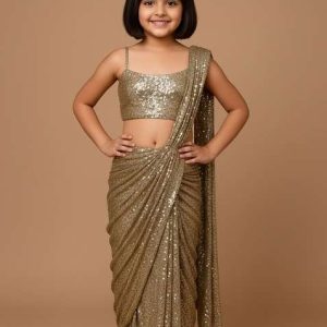 girls rose gold embellished georgette pre draped saree set