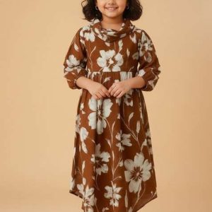 girls brown floral print cotton dress