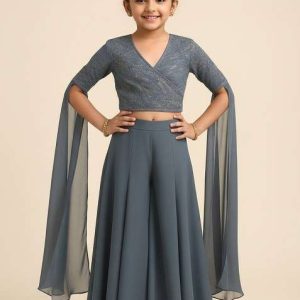 girls grey embellished georgette sharara set