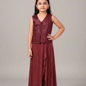 girls maroon foil print satin fusion set