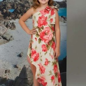 girls white floral print cotton linen dress