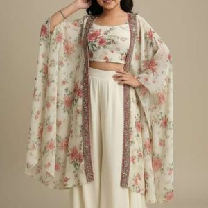 girls light beige floral print crepe fusion set