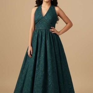 girls dark blue embroidered net fusion set