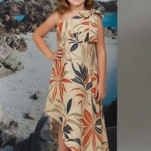 girls off white floral print cotton linen dress