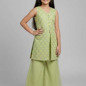 girls parrot green embroidered organza sharara set