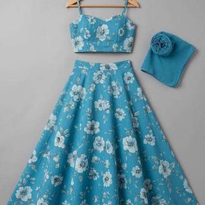 girls sky blue floral print crepe lehenga set