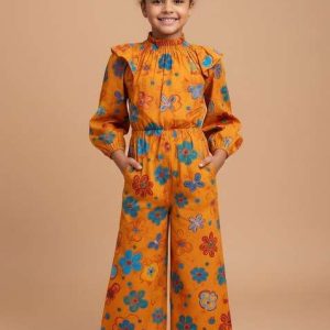 girls yellow floral print poplin jumpsuit