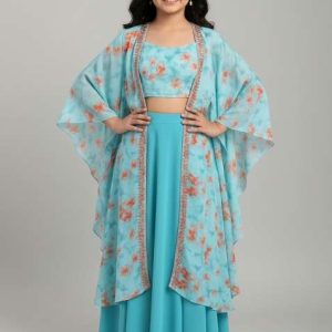 girls sky blue floral print crepe fusion set