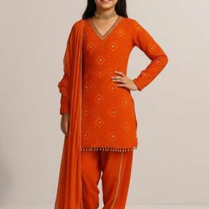 girls orange embellished chinon fusion set
