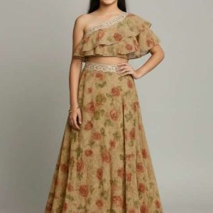 girls khakhee brown embroidered georgette fusion set
