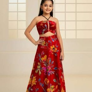 girls red floral print organza fusion set