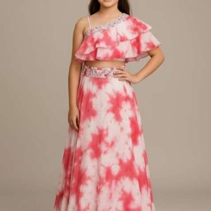 girls pink abstract print georgette fusion set