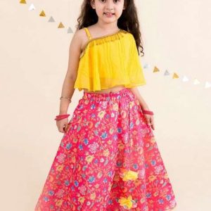 coral and yellow lehenga with blouse (set of 2)