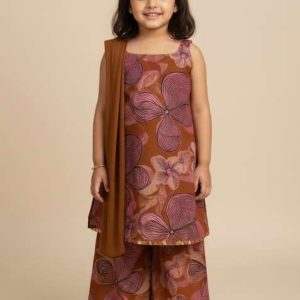 girls blue abstract print chinon kurta set