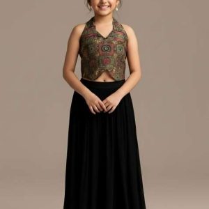 girls black embroidered georgette fusion set