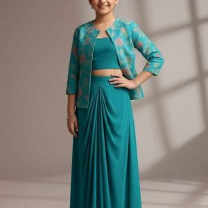 girls turquoise embroidered georgette fusion set