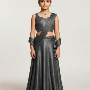 girls dark grey self design fusion set