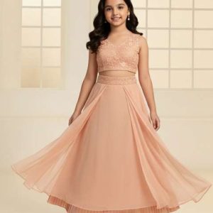 girls peach embroidered georgette fusion set
