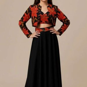 girls black floral print crepe fusion set