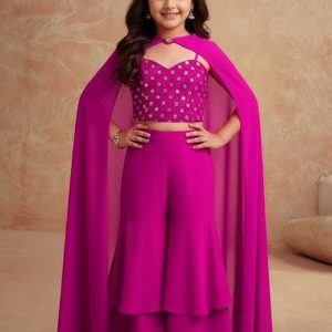 girls magenta pink embellished silk sharara set
