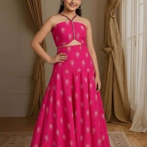 girls pink embroidered chanderi fusion set