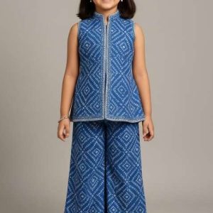 girls blue bandhani print crepe kurta set