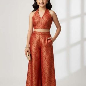girls maroon brocade fusion set