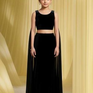 girls black self design fusion set