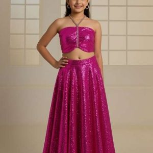 girls hot pink embroidered georgette fusion set