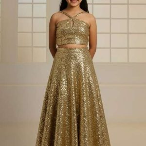 girls rose gold embroidered georgette fusion set
